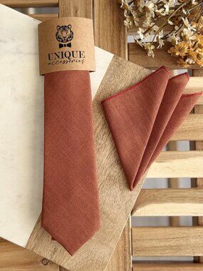 Unique Accessories Terracotta Linen Tie and Pocket Square Set